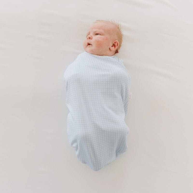 Baby Blue Gingham Cocoon swaddle blanket in Silky Modal fabric styles for newborn comfort.