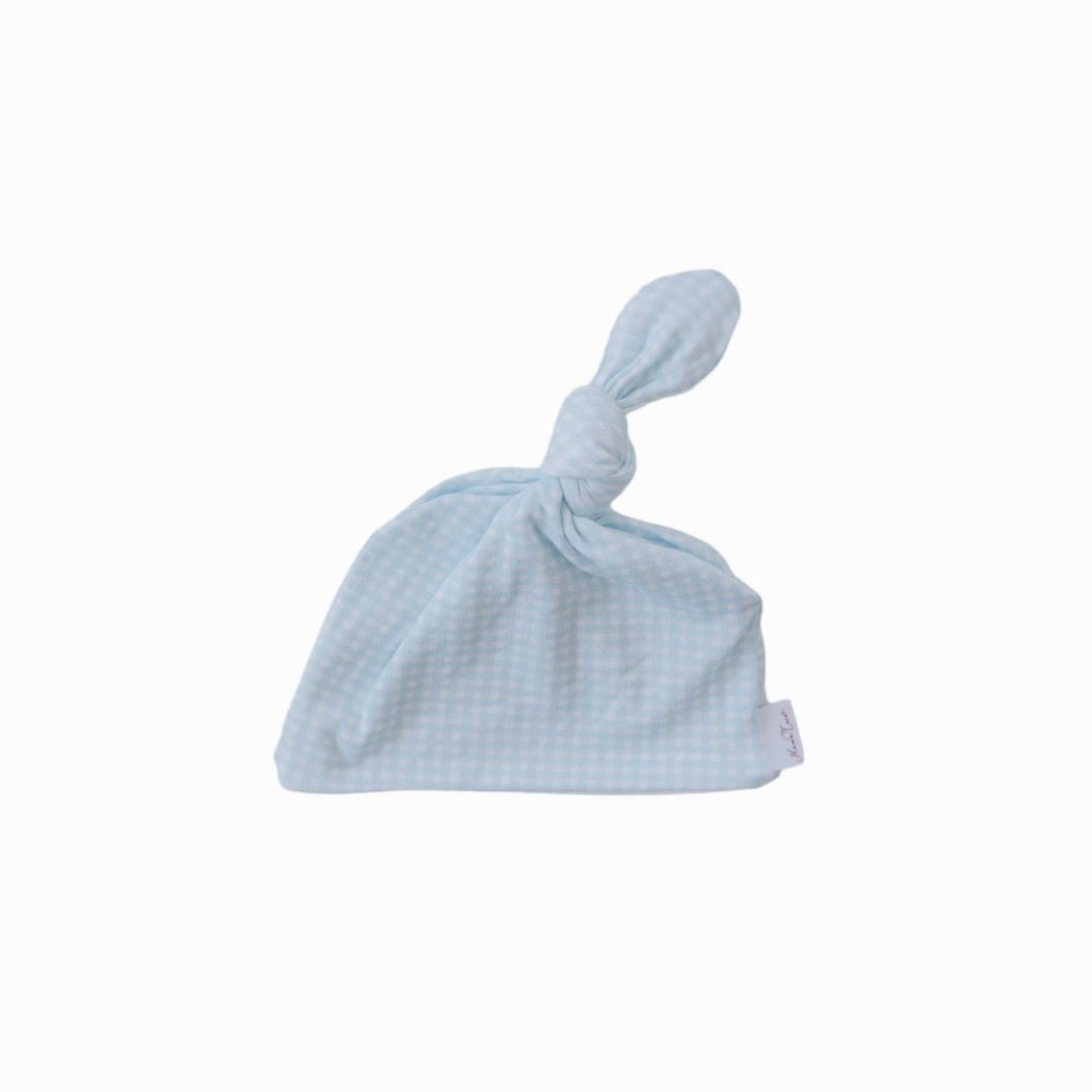 Baby Blue Gingham design knotty beanie for babies, made from Silky Modal fabric.