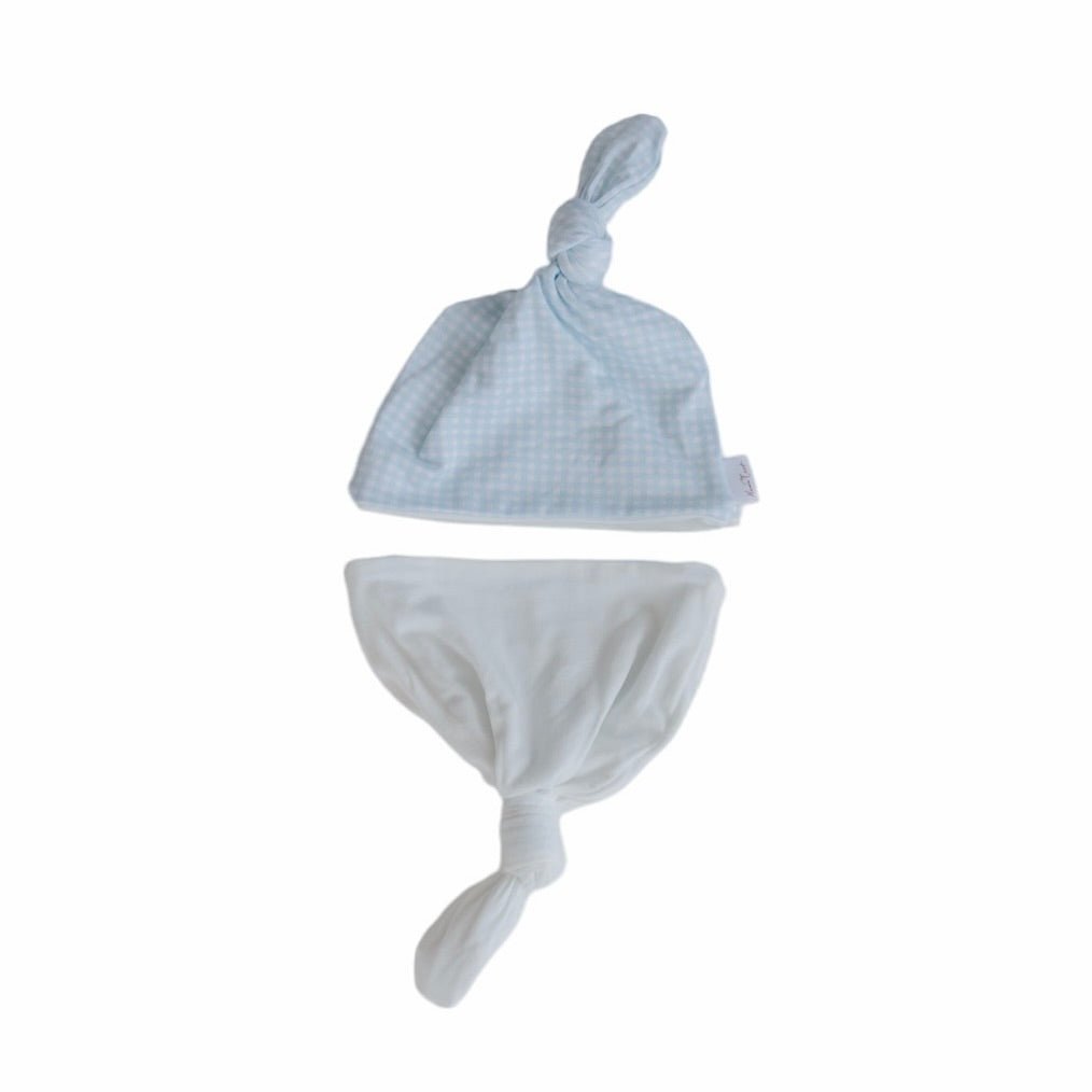 Premium Baby Blue Gingham knotty beanies designed for babies.