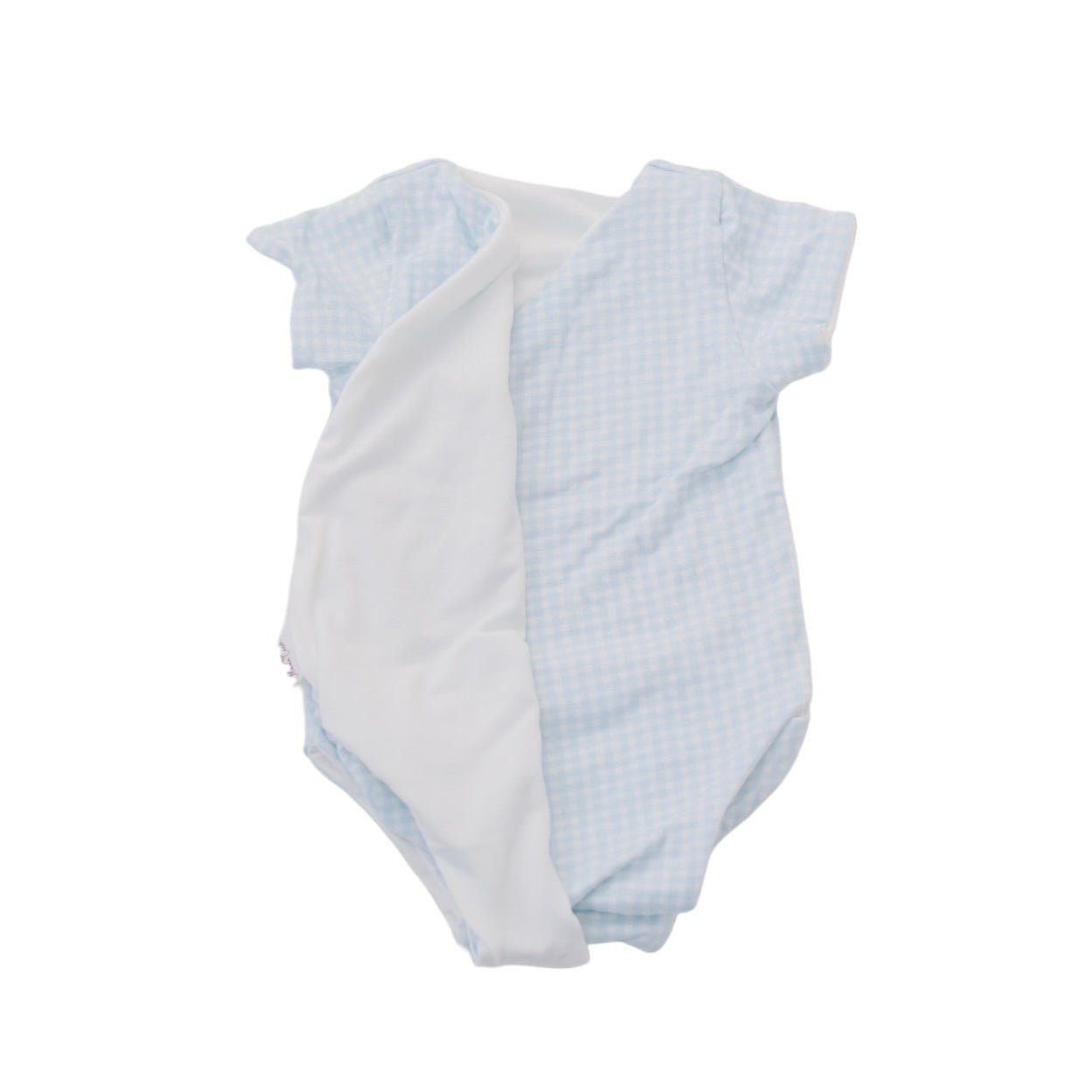 Baby Blue Gingham design short sleeve winged bodysuit in silky modal fabric.