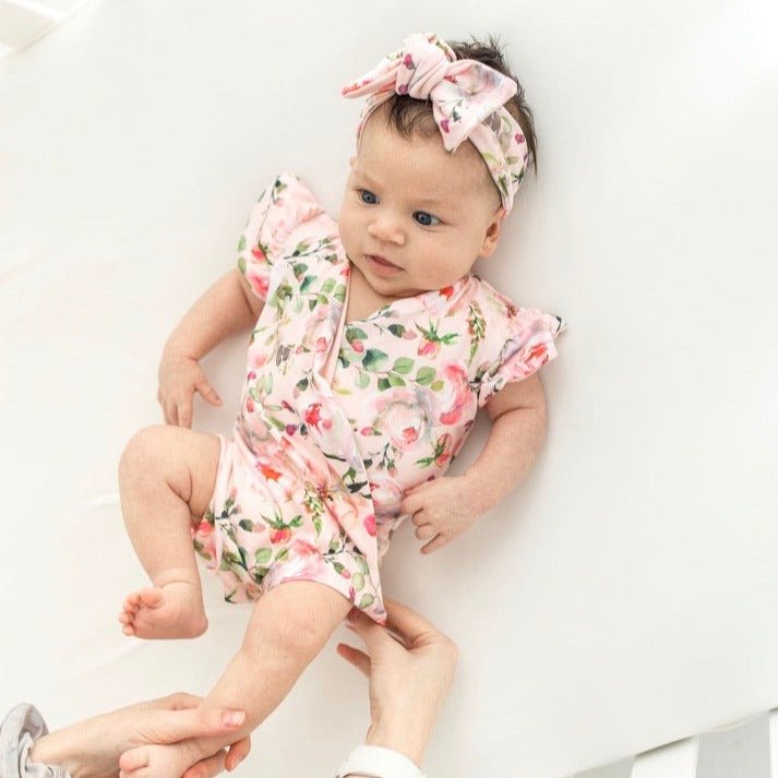 Peachy Rose Fields baby bodysuit with short sleeves in soft Classic Brushed fabric styles.