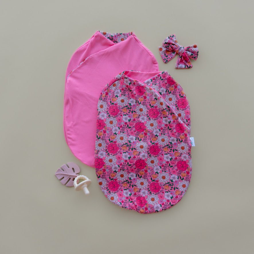 Cozy Silky Modal Flower Power baby cocoon swaddle for infants.