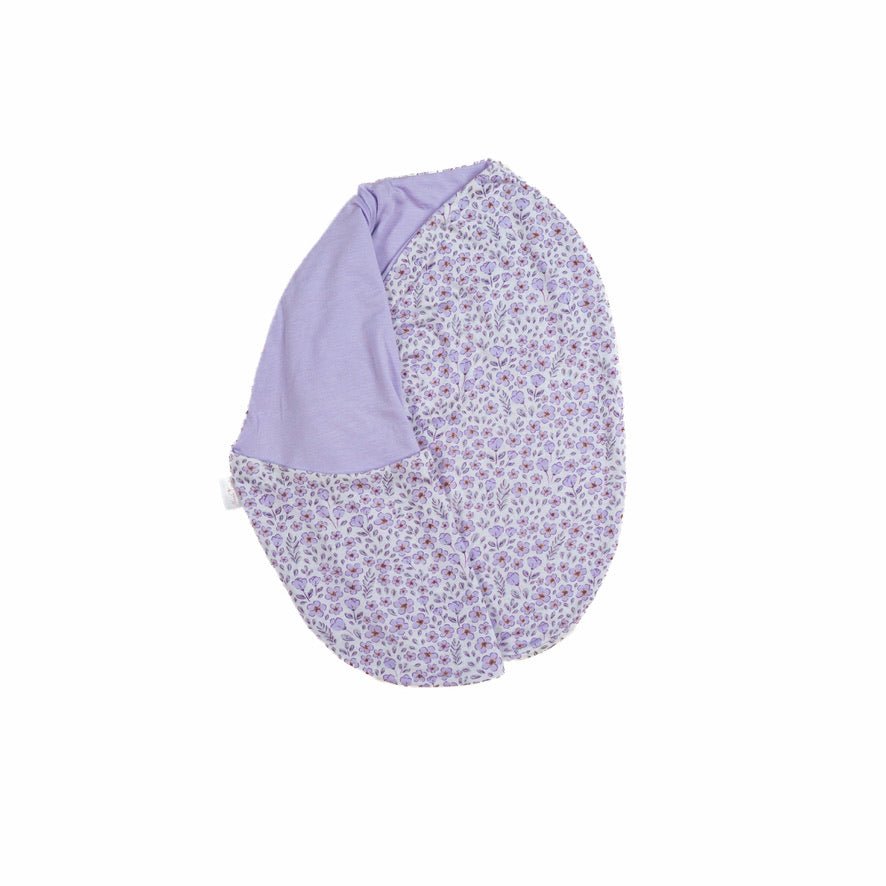 Purple posies design baby cocoon swaddle in silky modal fabric.
