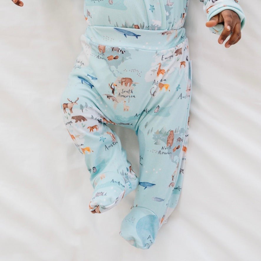 World Traveler print baby footie pants created from premium bamboo organic cotton fabric.