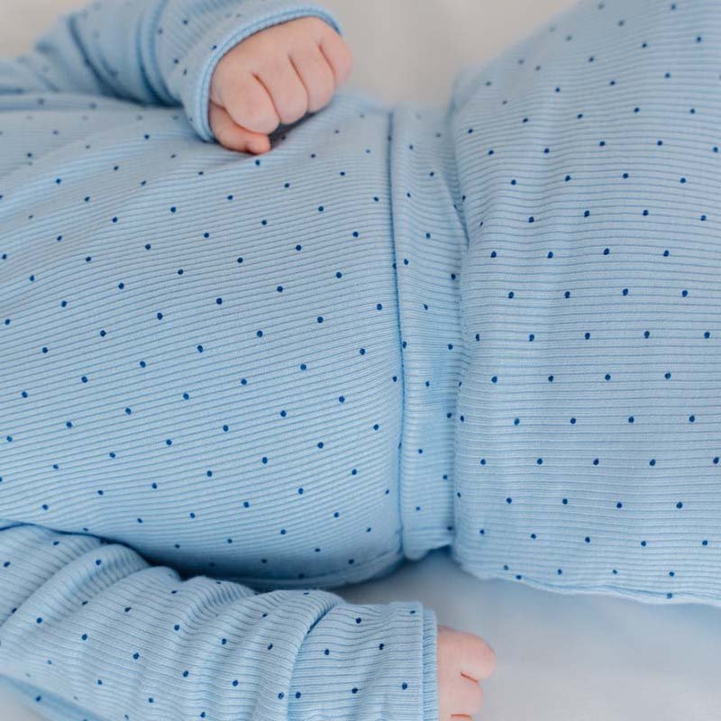 Bamboo organic cotton baby footie pants featuring the charming Dotted Blues design.