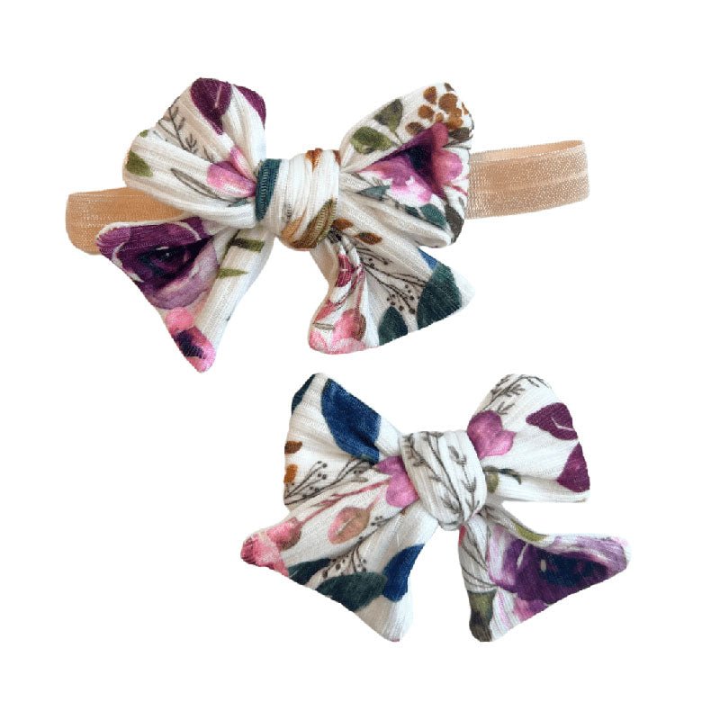 Ivory Wildflowers baby headband with bow crafted in cozy Classic Brushed fabric styles.