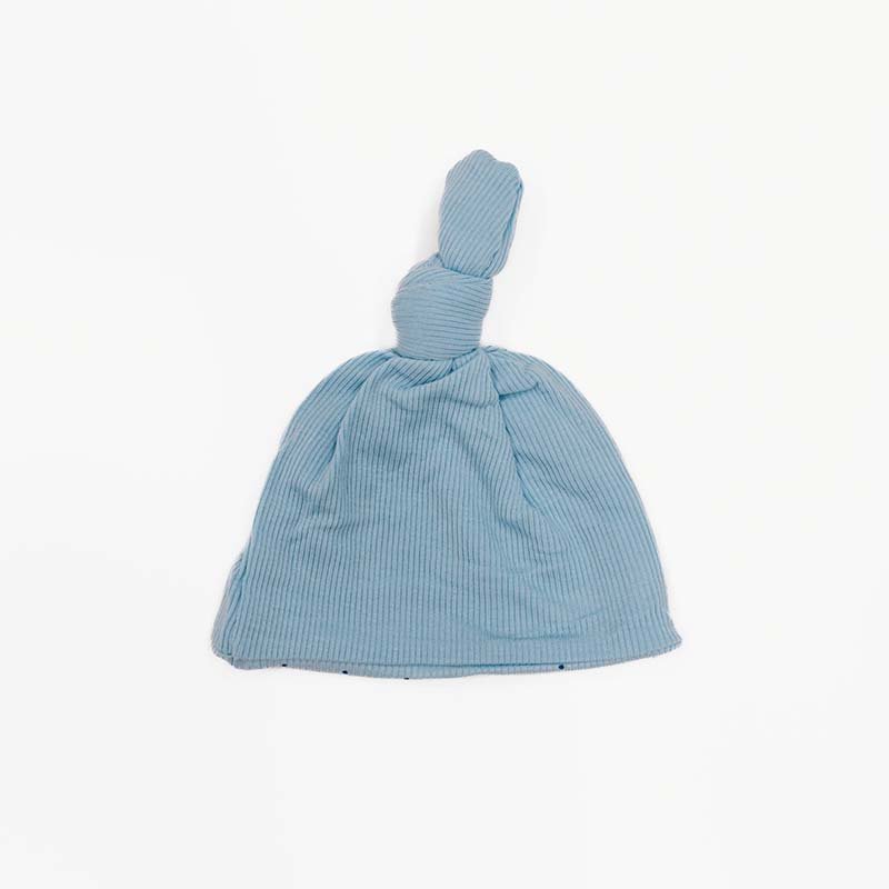 Dotted Blues design knotty beanie for babies, made from Silky Modal fabric.