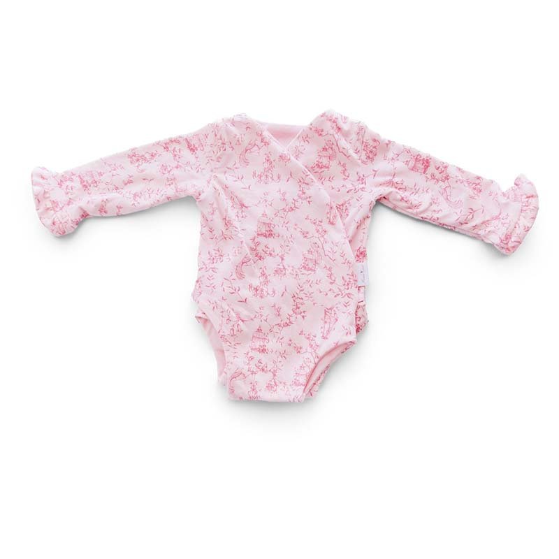Whimsical garden ruffle cuff long sleeve baby onesie.