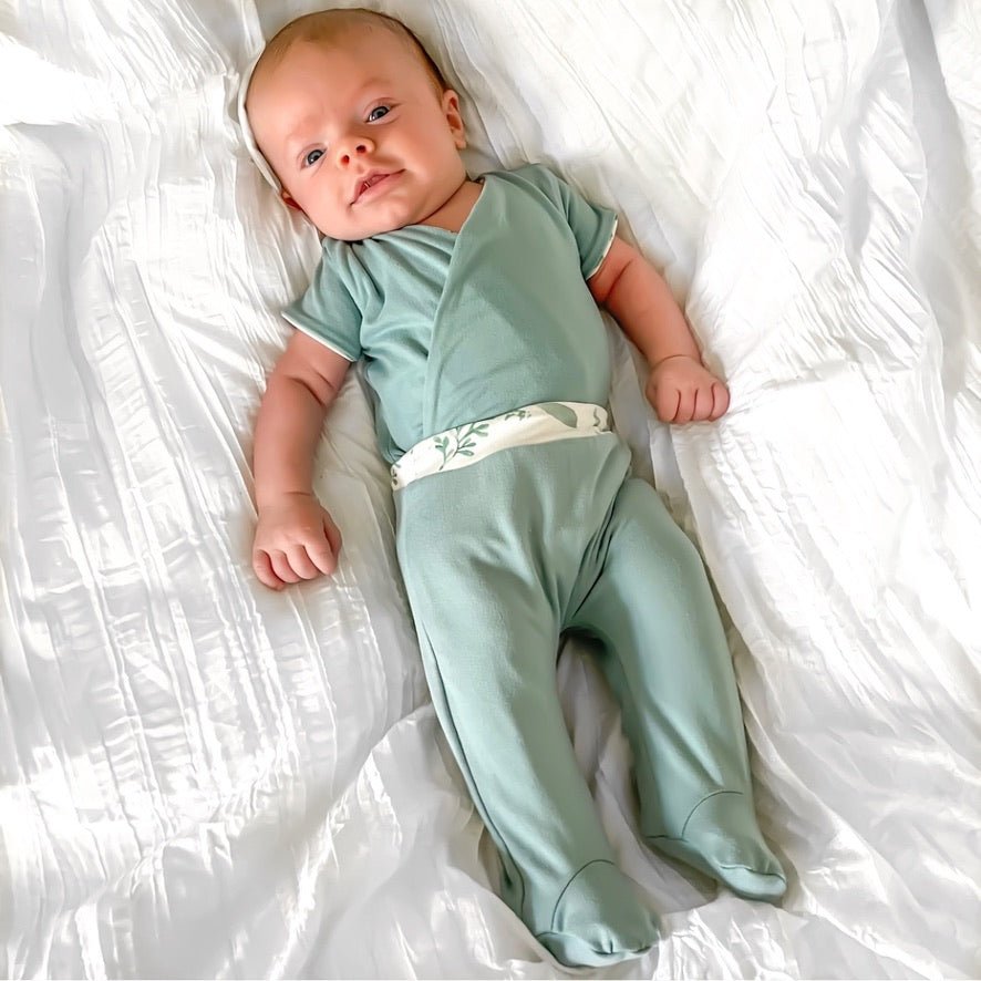 Reversible onesie outfit bundle in saged eucalyptus design.