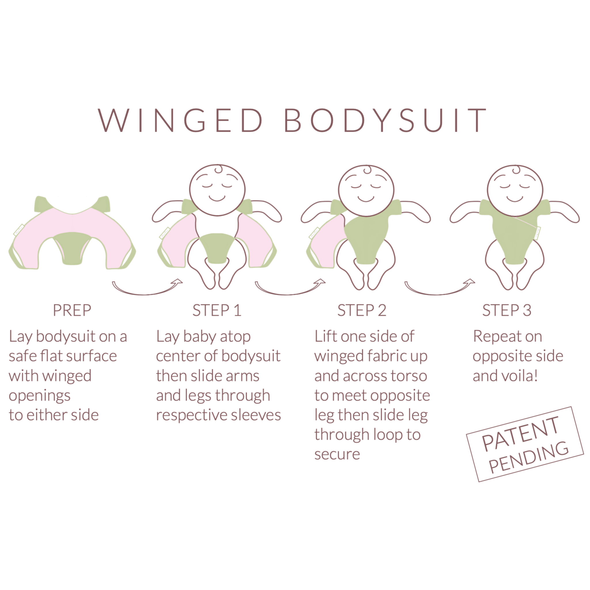 Step by step instructions on how to use our baby winged bodysuit.
