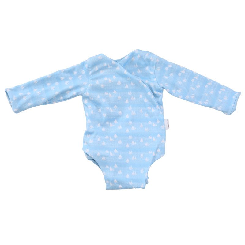 Sailboat Shores design baby winged bodysuit in classic brushed fabric.