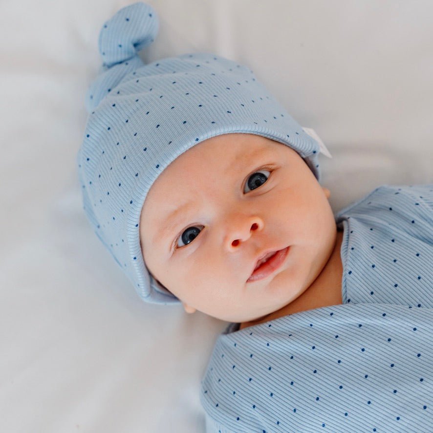 Dotted blues beanie for short sleeve silky modal onesie.