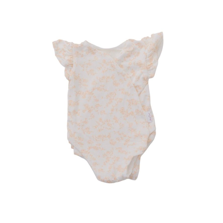 Bitty Blooms design flutter sleeve winged bodysuit in silky modal fabric.