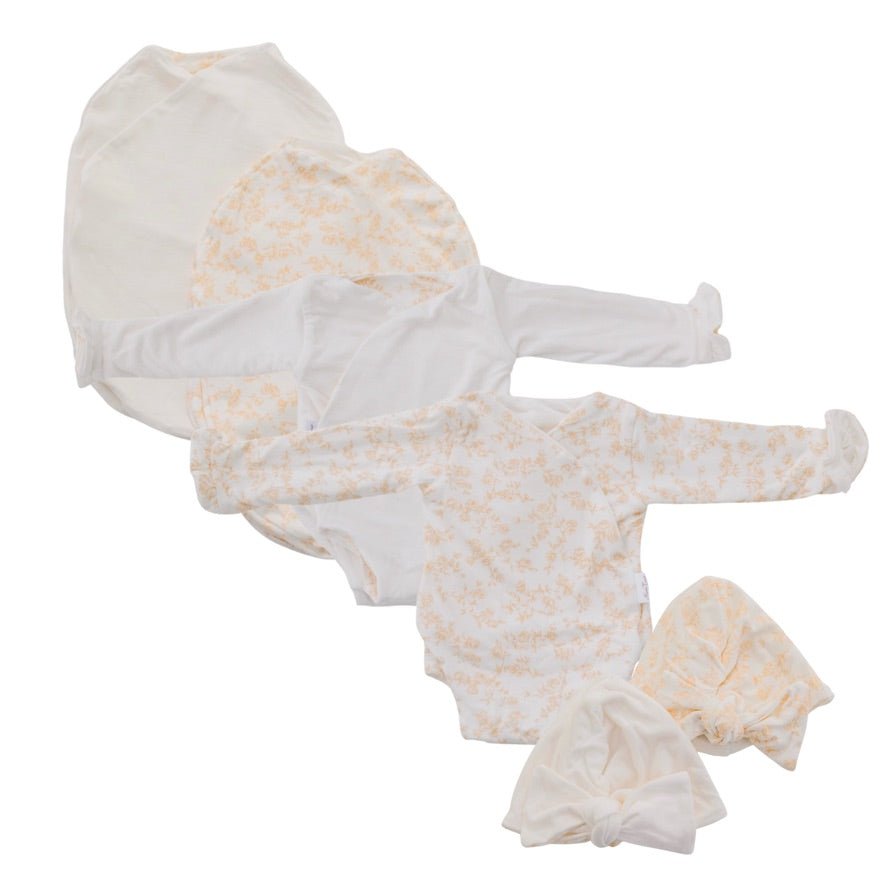Silk modal long sleeve newborn baby bundle, featuring adorable ruffle cuffs in bitty blooms design.