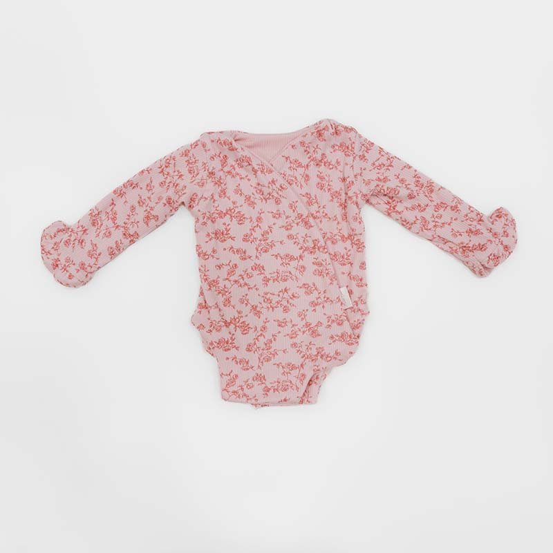 Bitty Pink Blooms design ruffle cuff long sleeve winged bodysuit in silky modal fabric.