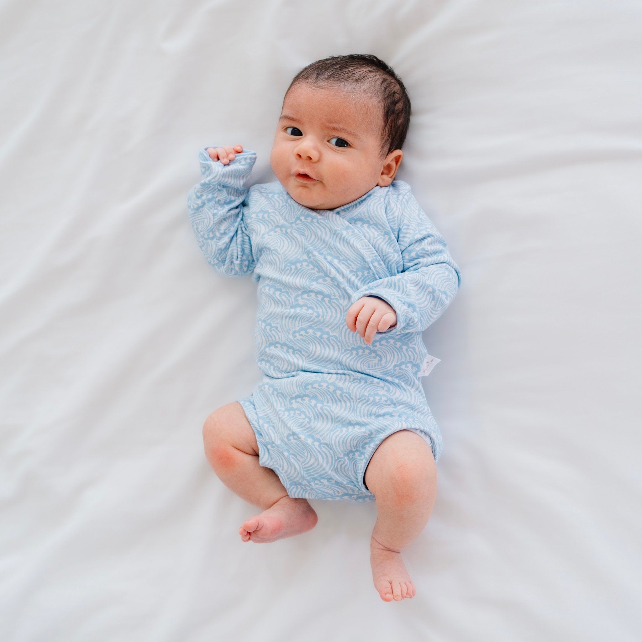 Blue swells design long-sleeve baby onesie in classic brushed fabric.