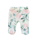 Comfortable baby footie pants made with bamboo cotton and finished in the Blushing Eucalyptus design.