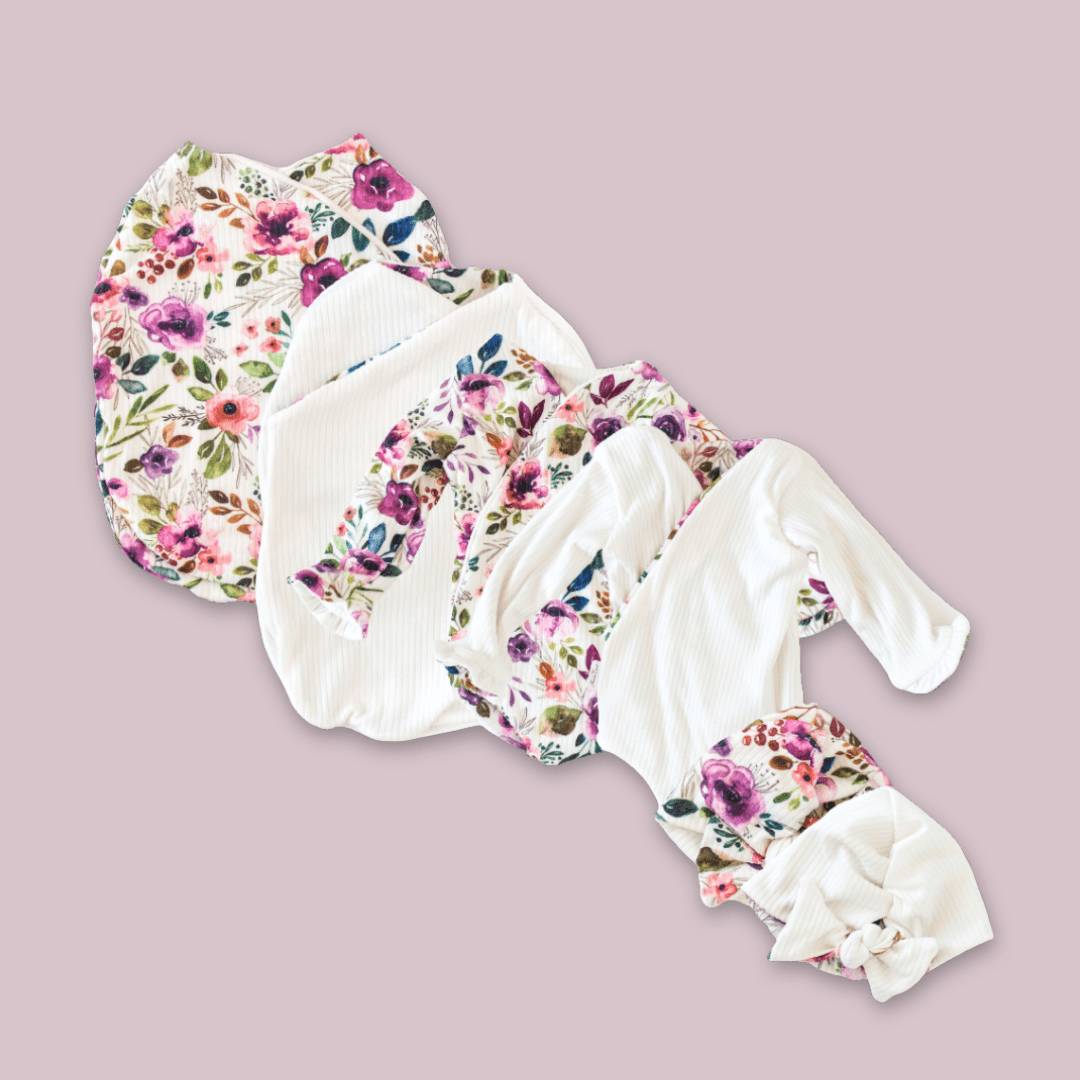 Classic brushed long sleeve newborn baby bundle, featuring adorable ruffle cuffs in blushing eucalyptus design.