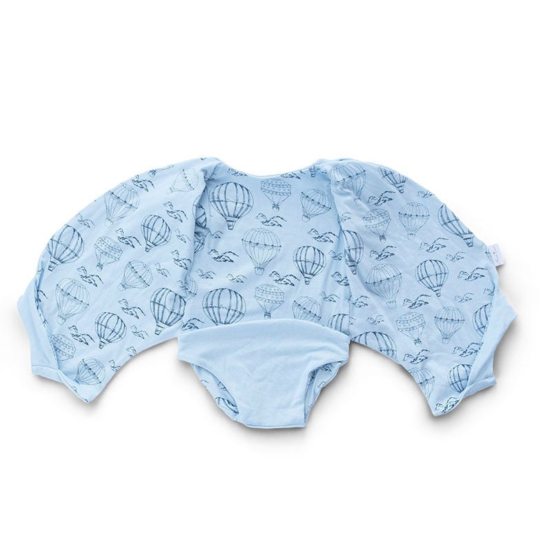 Reversible winged bodysuit for babies in bon voyage design.
