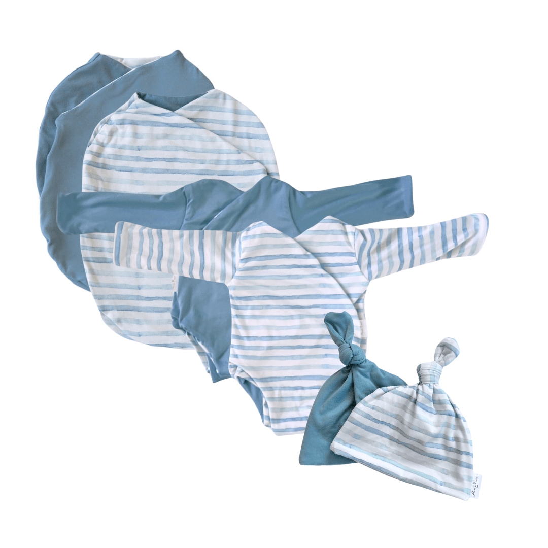 Newborn bundle with long sleeve essentials in classic brushed fabric with chambray waves design.
