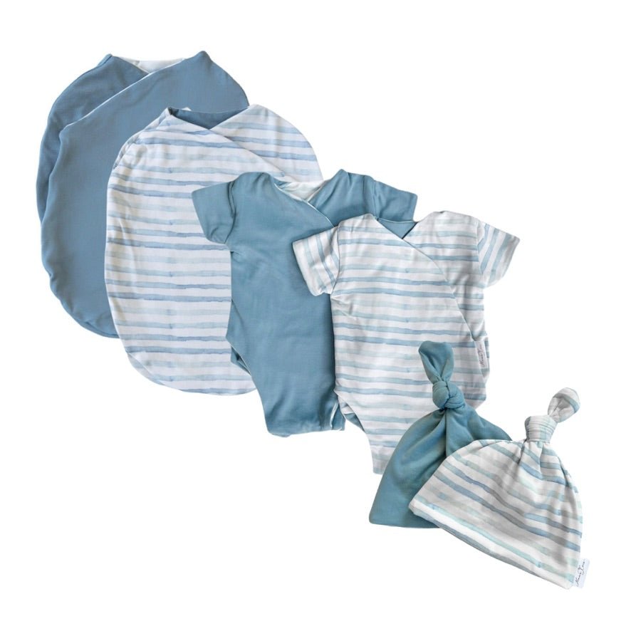 Newborn essentials bundle with short sleeves in classic brushed fabric with chambray waves design.