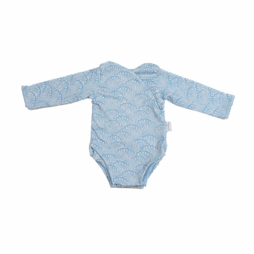 Blue Swells design winged bodysuit for babies in classic brushed fabric.