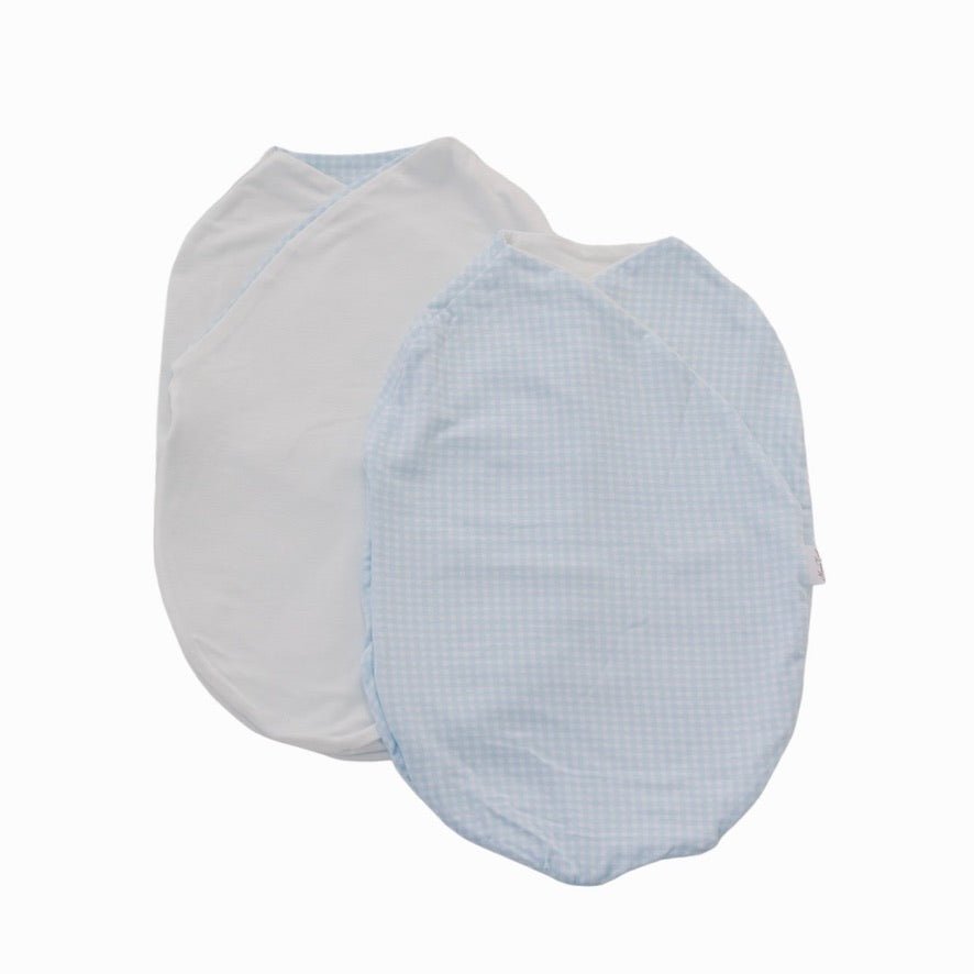 Baby blue gingham design cocoon swaddle.
