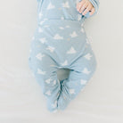 Cozy baby footie pants in bamboo organic cotton fabric with an adorable Cornflour Doves pattern.