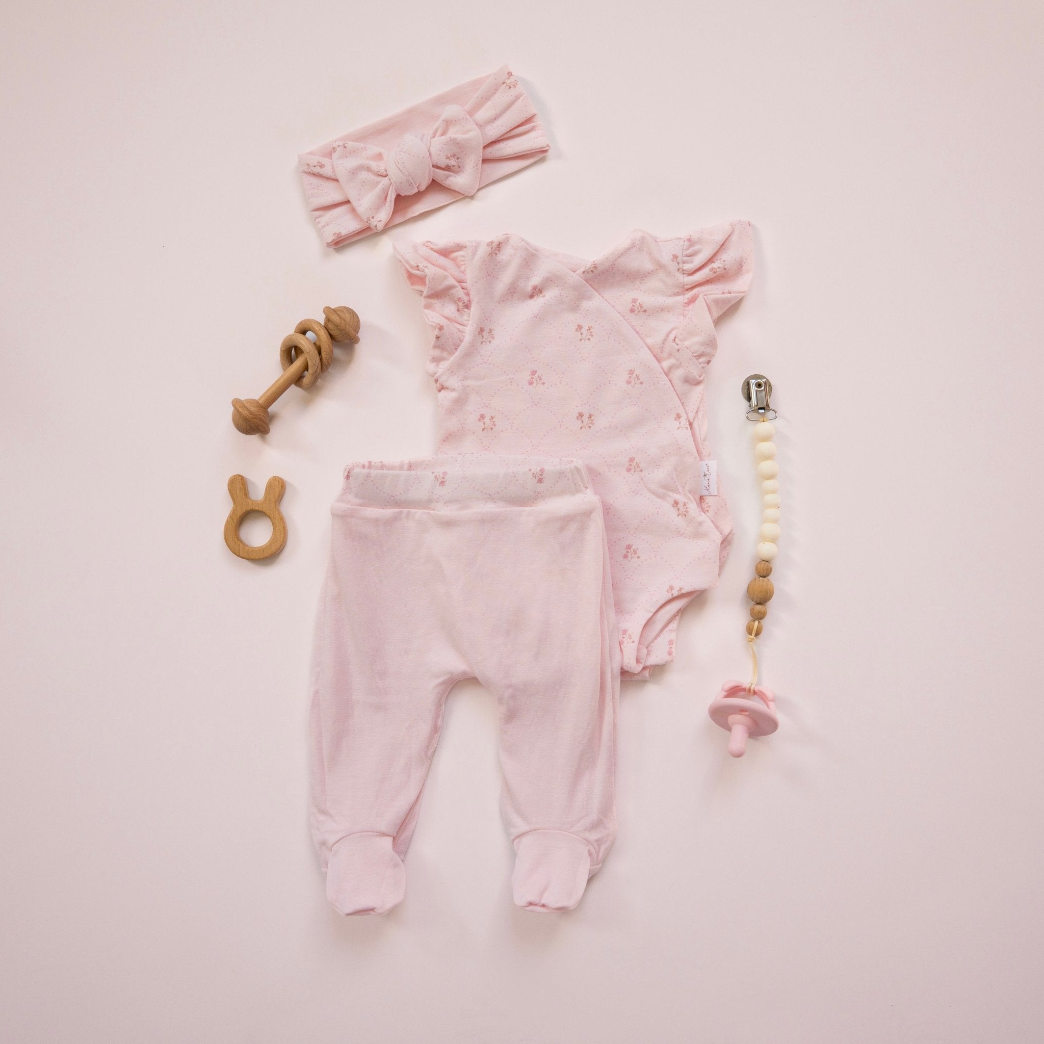 Flutter sleeve winged bodysuit outfit bundle for babies in whimsical garden design.