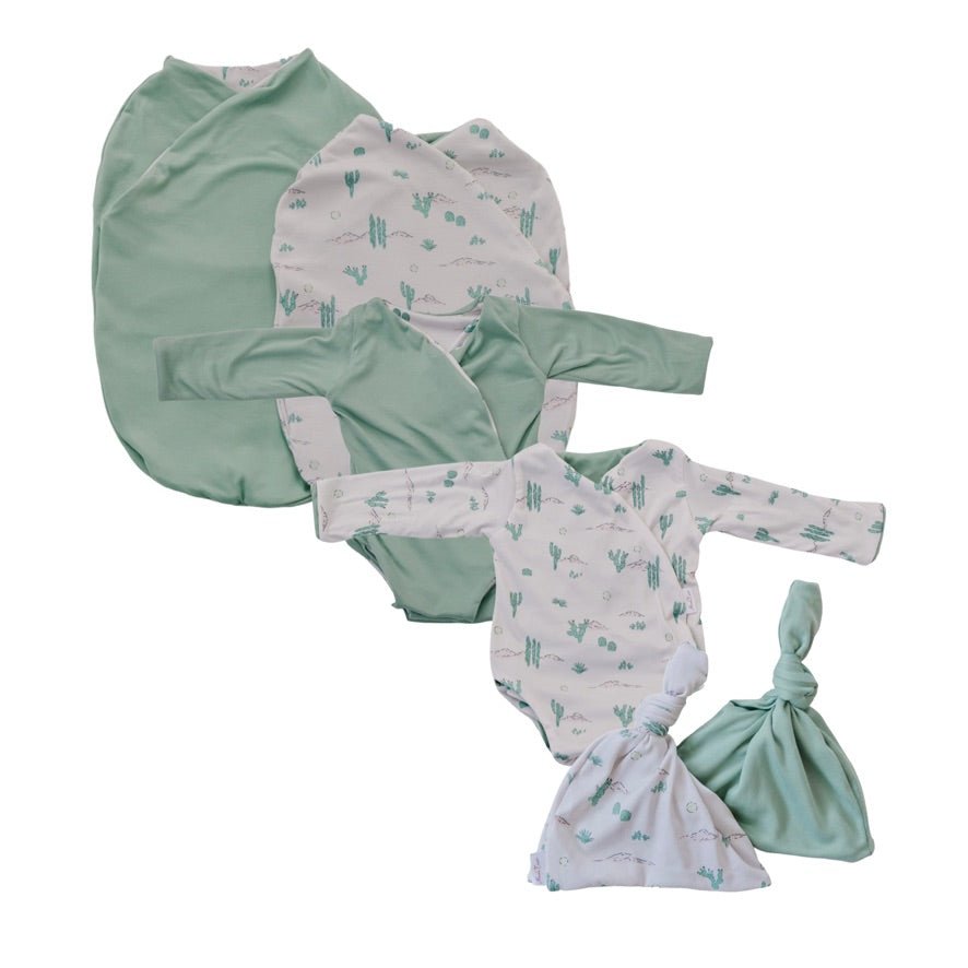 Newborn bundle with long sleeve essentials in classic brushed fabric in desert sunsets design.