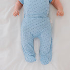 Bamboo organic cotton baby footie pants featuring the charming Dotted Blues design.