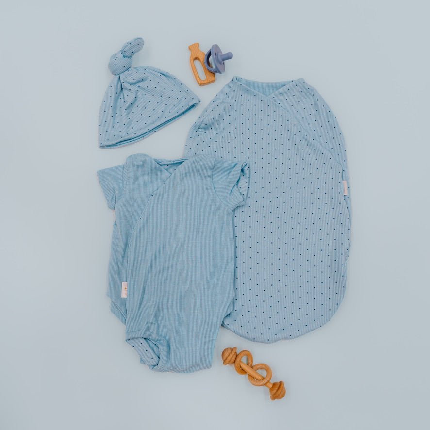 Newborn essentials bundle with short sleeve in silky modal fabric with dotted blues design.