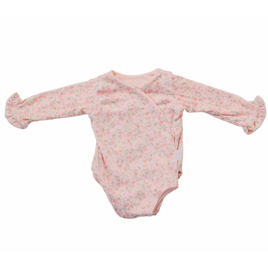 Boutique-style long sleeve baby bodysuit with ruffle cuff accents in Dusty Roses design brushed fabric.