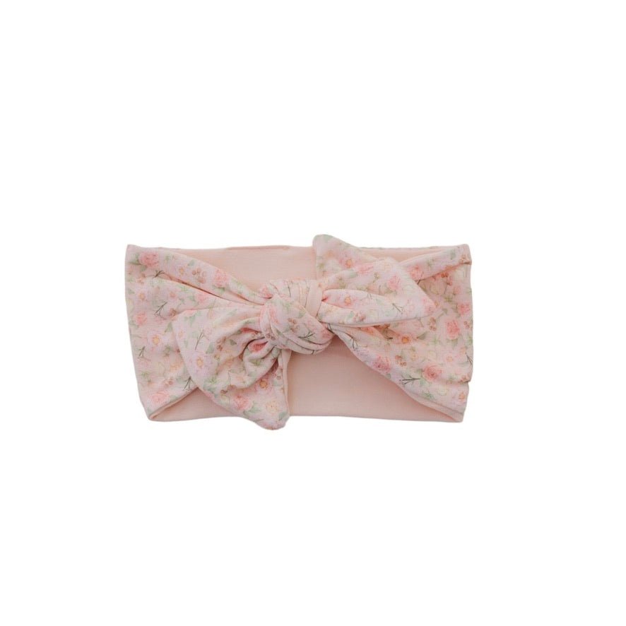 Adorable bow headwrap available in luxurious classic brushed fabric with Dusty Roses design.