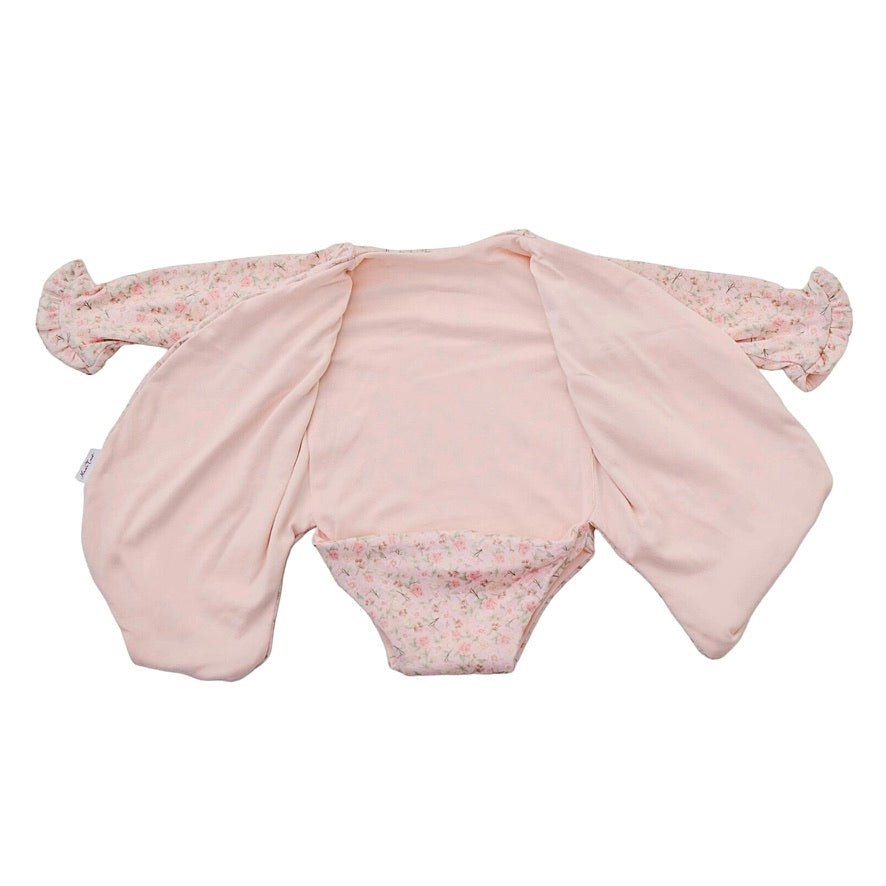 Elegant Dusty Roses design winged bodysuit for babies with ruffle cuffs and premium brushed fabric.