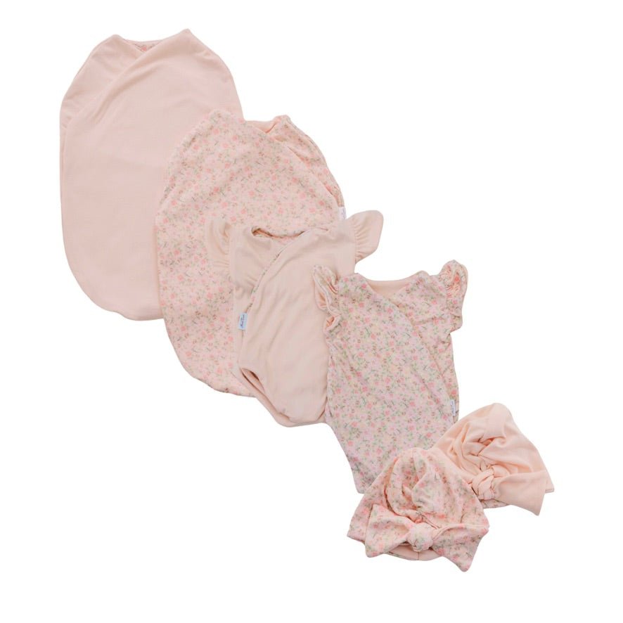 Newborn essentials bundle with flutter sleeves in classic brushed fabric with dusty roses design.