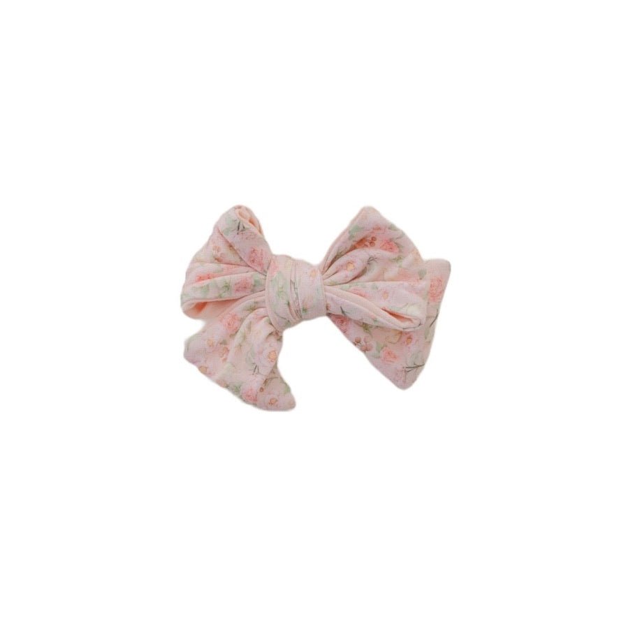Dusty Roses infant headband with bow and coordinating bow hair clip.