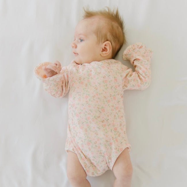 Ruffle cuff baby bodysuit with wings in Dusty Roses design classic brushed fabric for babies.