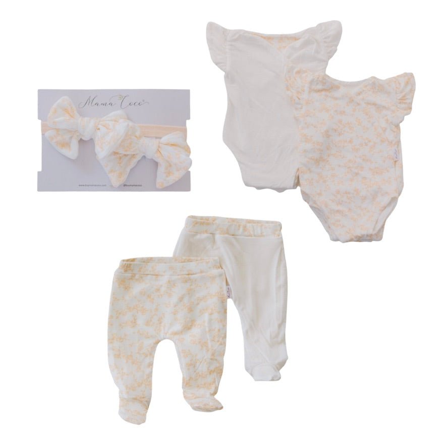 Flutter sleeve baby onesie outfit bundle made from silky modal fabric in bitty blooms design.