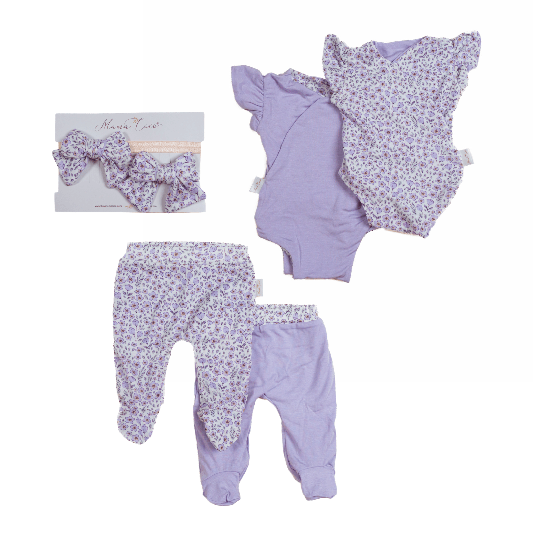 Flutter sleeve baby onesie outfit bundle made from silky modal fabric in purple posies design.