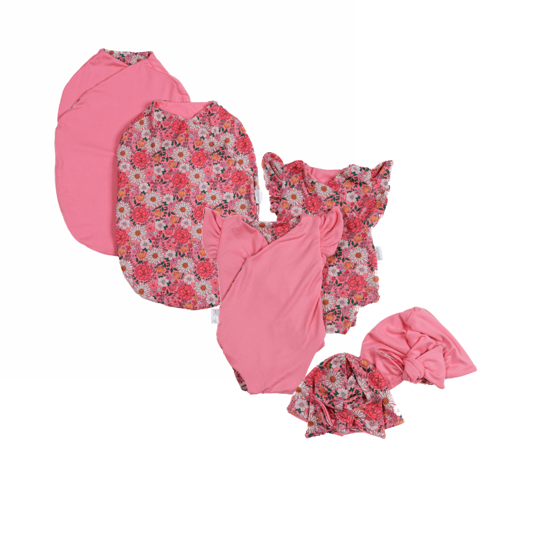 Newborn essentials bundle with flutter sleeves in classic brushed fabric with flower power design.