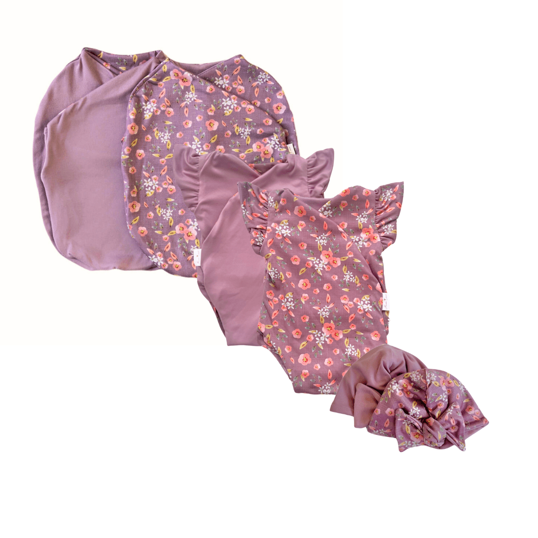 Newborn essentials bundle with flutter sleeves in classic brushed fabric with peachy lilac design.