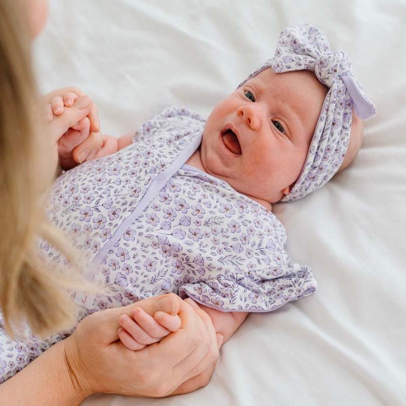 Silky modal flutter sleeve newborn essentials bundle in purple posies design.