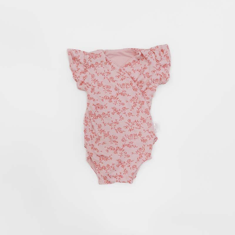 Flutter sleeve baby onesie in Bitty Pink Blooms design.