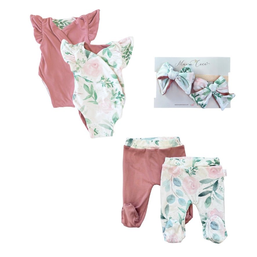 Blushing eucalyptus flutter sleeve baby onesie outfit bundle made from soft classic brushed texture fabric, featuring a delicate watercolor eucalyptus leaf print.