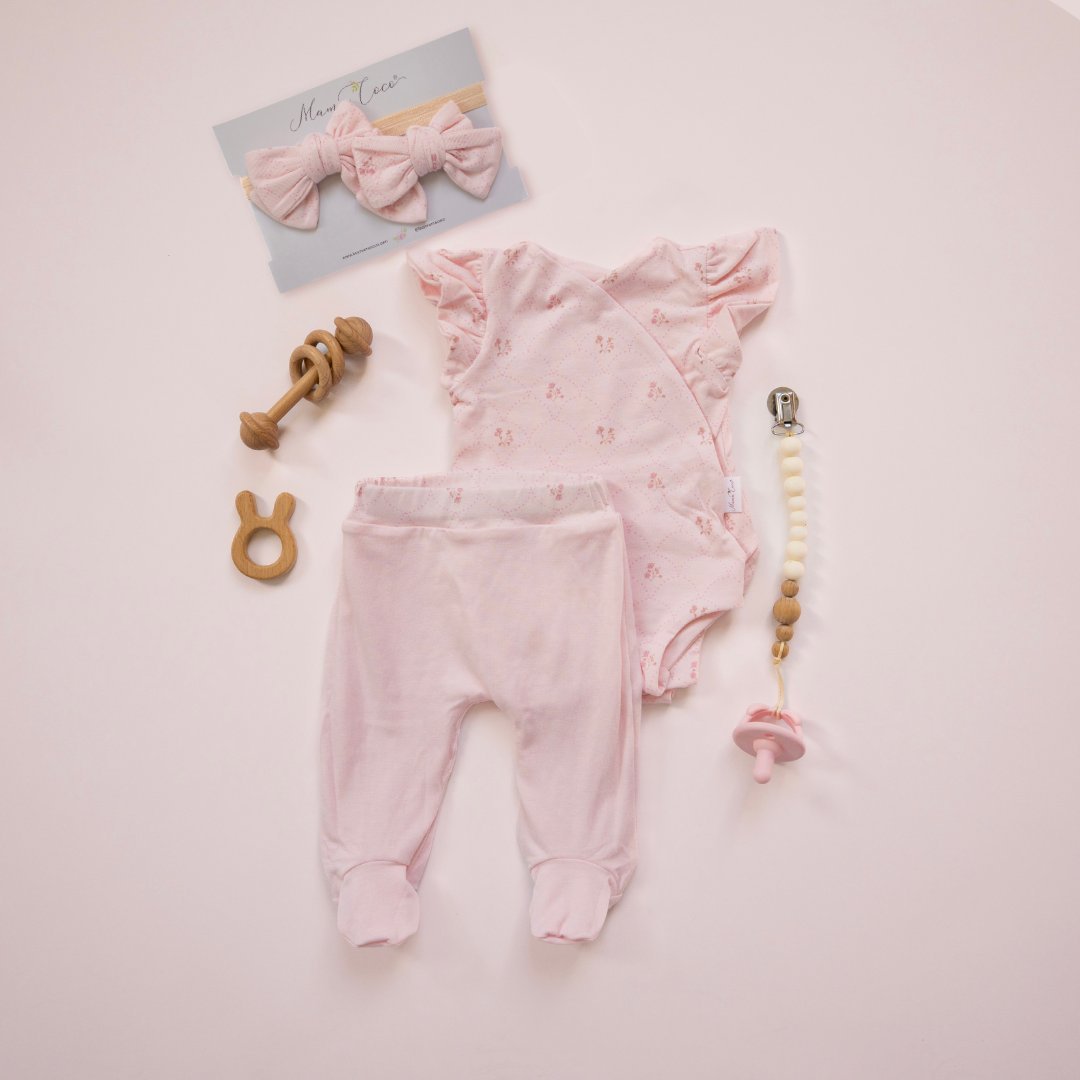 Flutter sleeve baby onesie outfit bundle made from bamboo cotton in dainty dots design.