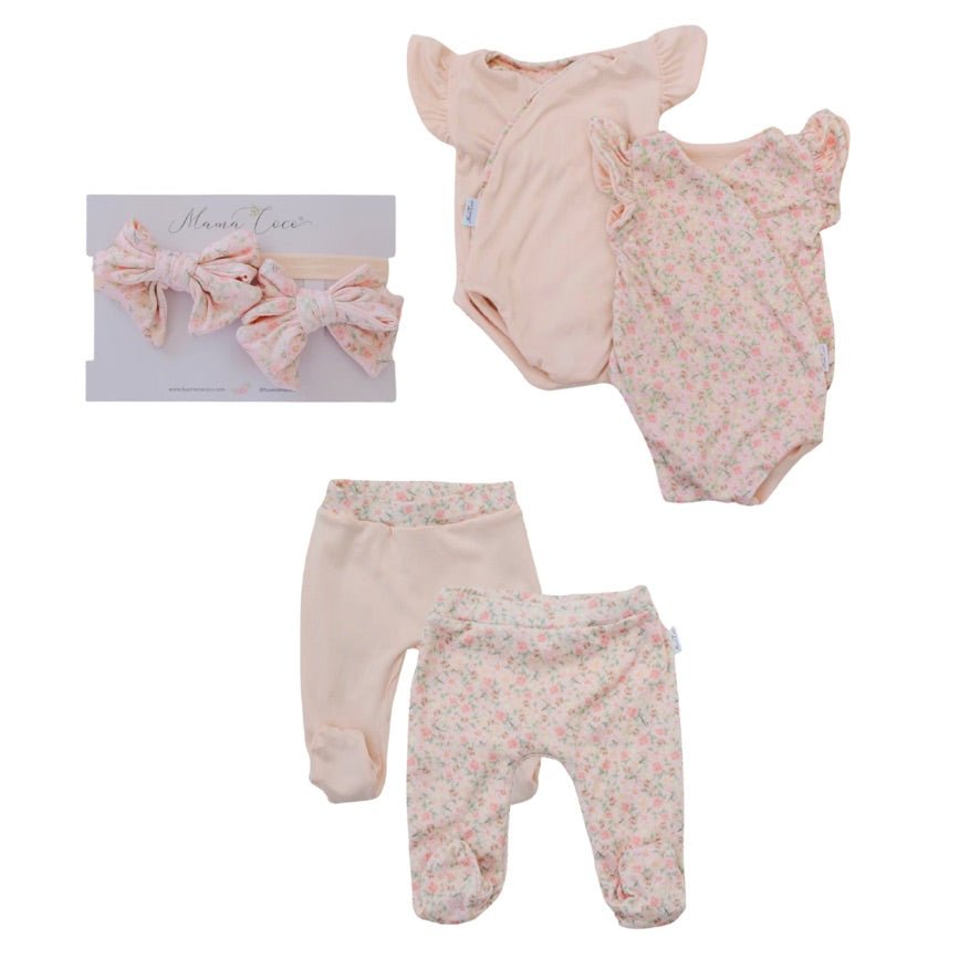 Dusty roses flutter sleeve baby onesie outfit bundle made from soft classic brushed texture fabric.