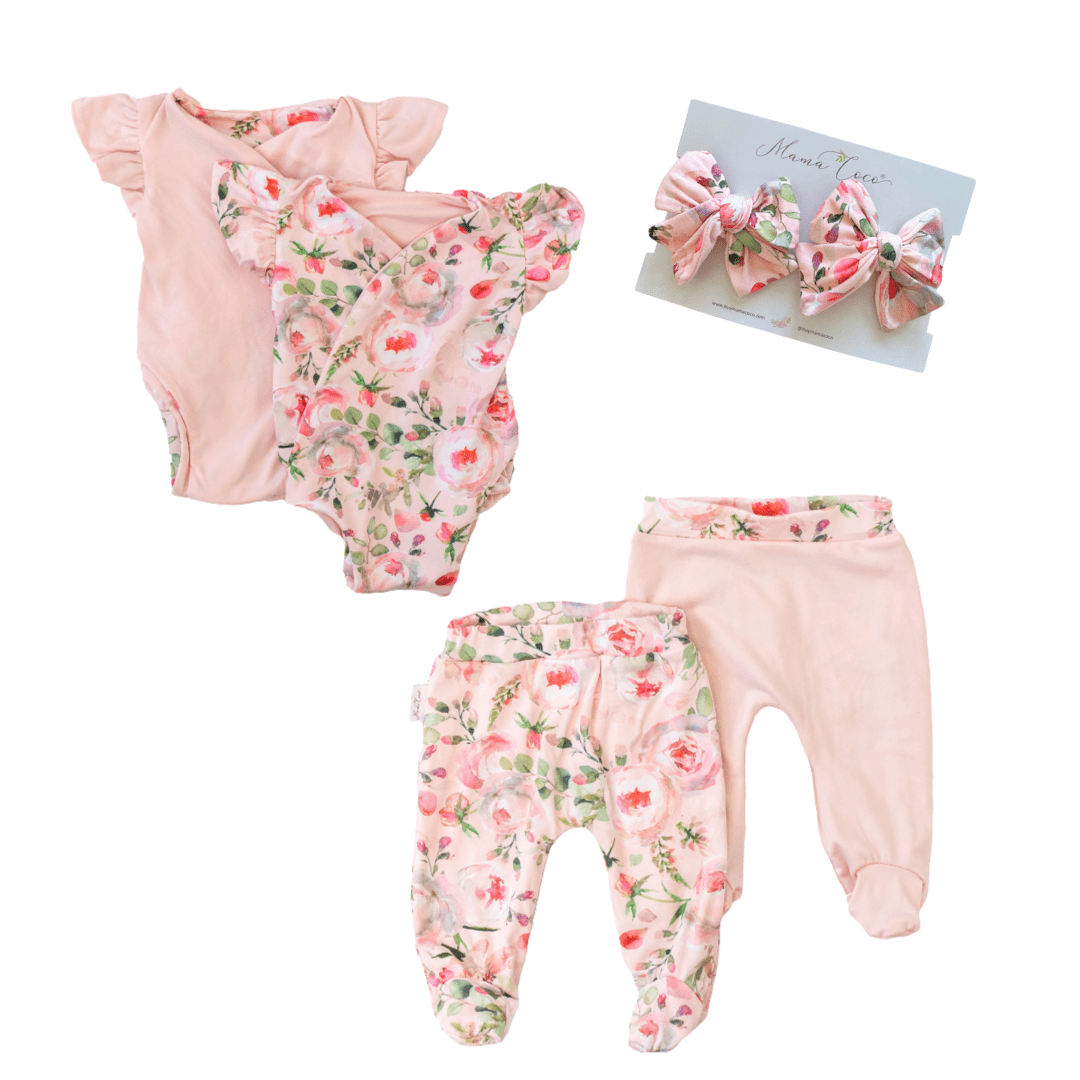 Peachy lilac flutter sleeve baby onesie outfit bundle made from soft classic brushed texture fabric.