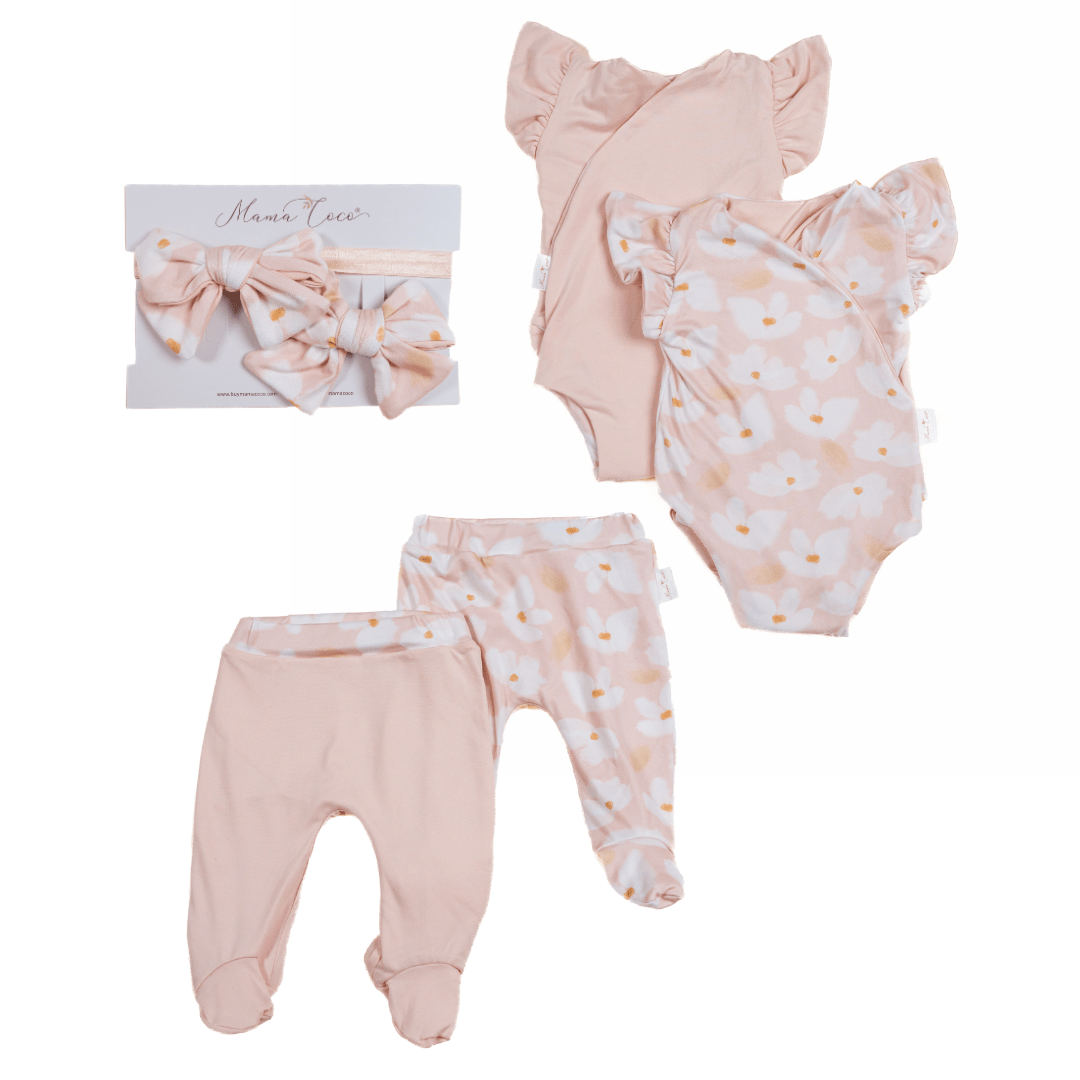 Sweet lily flutter sleeve baby onesie outfit bundle made from soft classic brushed texture fabric.