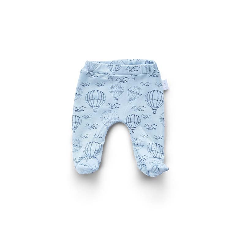 Front view of our baby footie pants in bon voyage design.